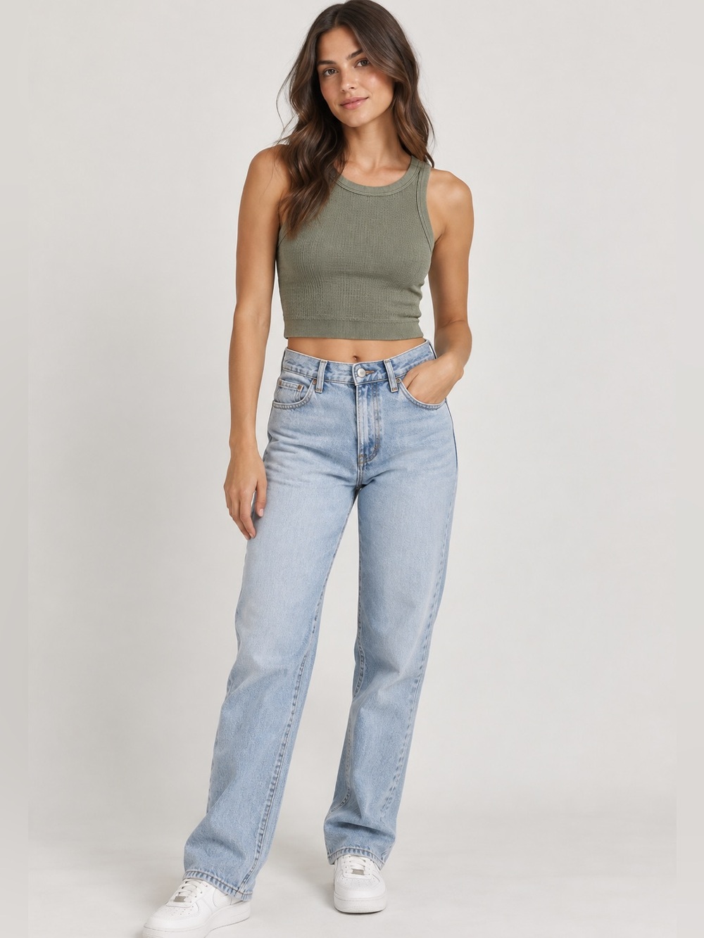 Forever 21 Olive Green Ribbed Crop Tank Top — Size M